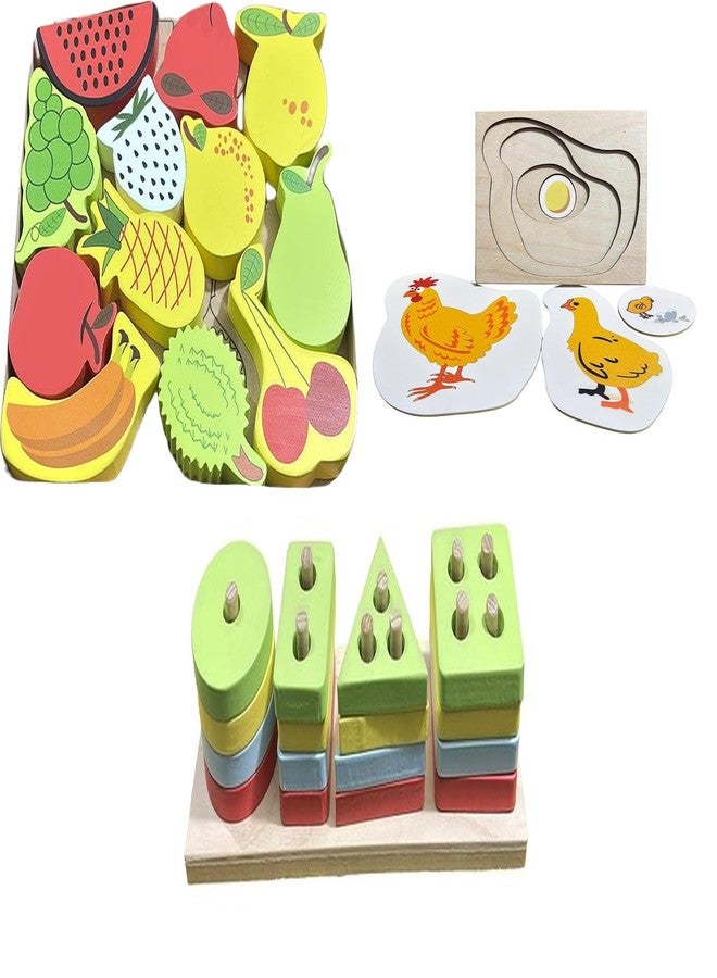 Kinder Creative 3D Fruits Stacking Puzzle,Hen Life Cycle Layering Puzzle,Geometrical Column Blocks for Toddlers, Educational Puzzle and Toys for Kids Pack of 3 - Image 1